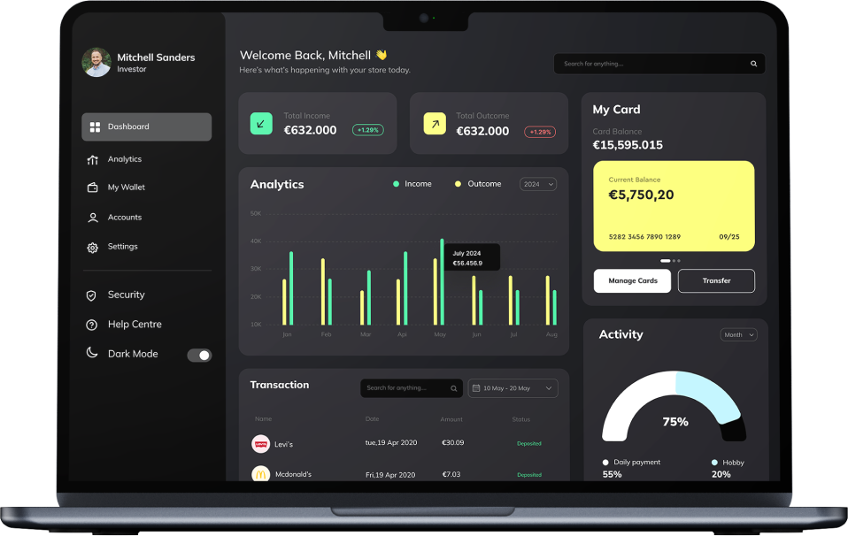 Finanz-Dashboard auf Laptop mit Statistik-Diagrammen, Transaktionen und Kartenübersicht in deutscher Sprache