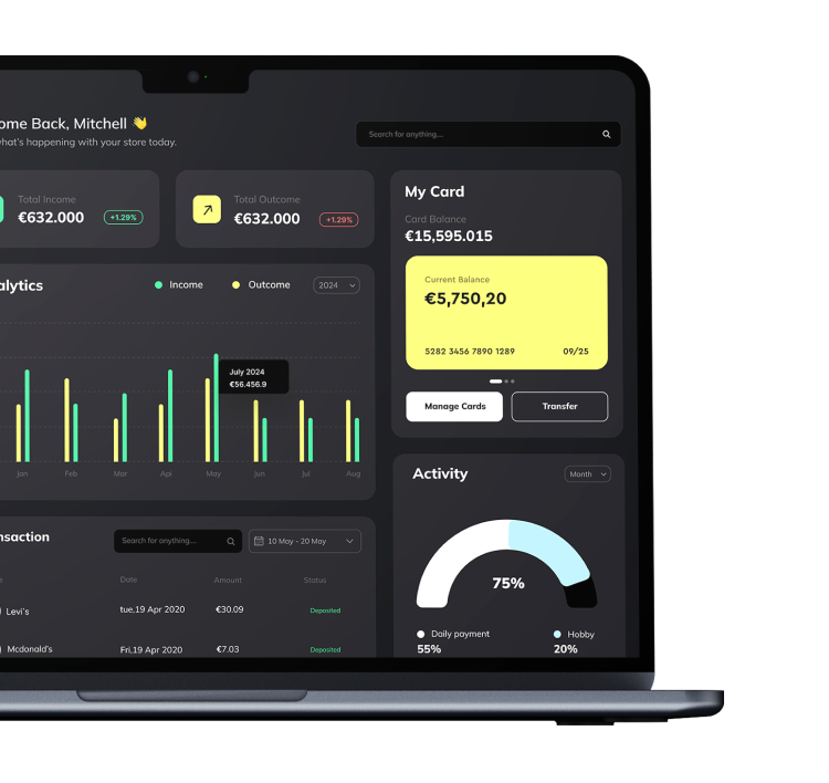 Dashboard eines Finanzverwaltungsprogramms auf einem Laptop mit Einnahmen und Ausgaben, Kreditkartenbalance und Aktivitätsübersicht in deutscher Sprache