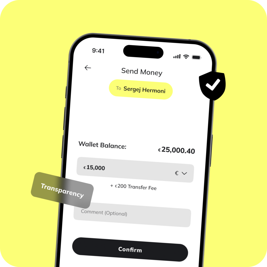 Smartphone-Bildschirm zeigt Zahlung an Sergej Hermoni mit Wallet-Guthaben und Überweisungsdetails