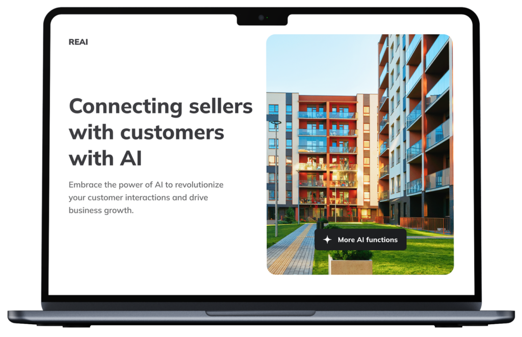 Laptop-Bildschirm zeigt Website mit Text über KI-Verbindung von Verkäufern und Kunden, neben modernen Wohngebäuden.