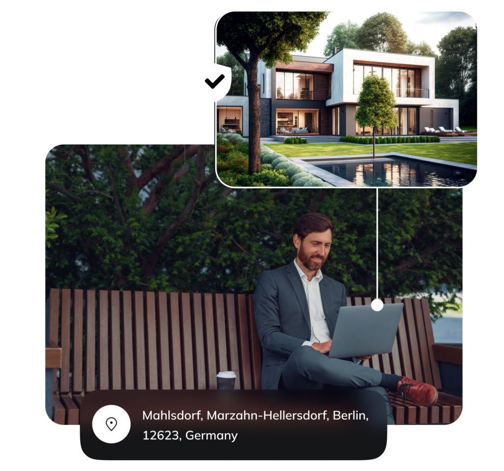 Ein Mann in Anzug sitzt auf einer Parkbank in Mahlsdorf, Berlin, mit Laptop, moderner weißer Villa im Hintergrund
