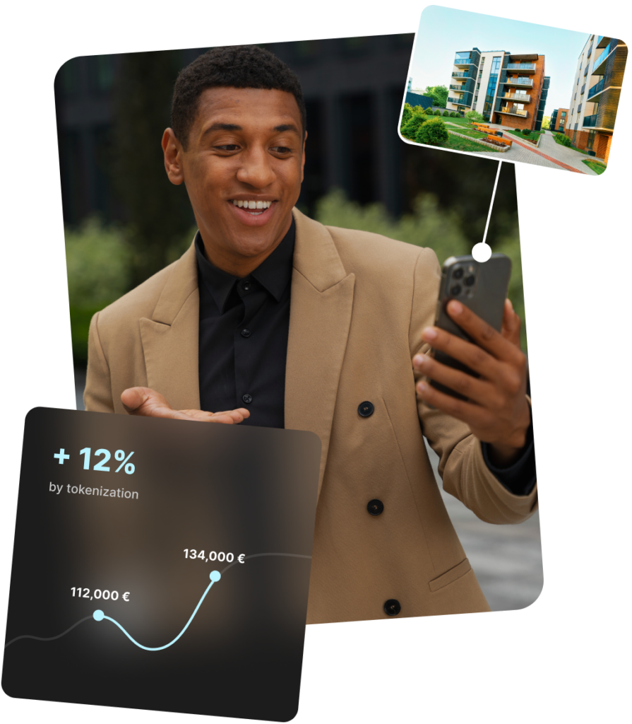 Mann im beigen Sakko, der auf sein Smartphone schaut, mit Darstellung von Immobilienbild und Finanzdiagramm