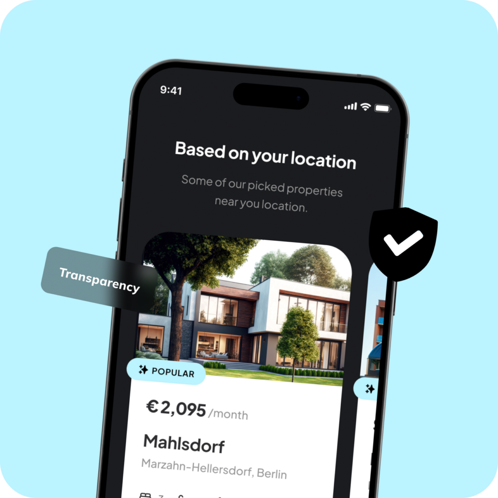 Smartphone-Bildschirm mit Immobilienangeboten in Mahlsdorf, Marzahn-Hellersdorf, Berlin, angezeigt mit Monatsmiete