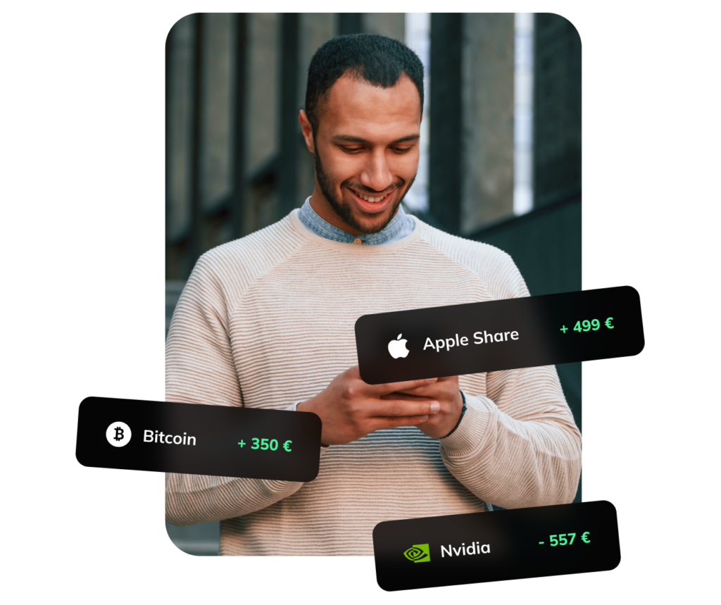 Mann sieht auf Handy, Einblendungen zeigen Aktien von Apple, Bitcoin und Nvidia mit Kursänderungen in Euro.