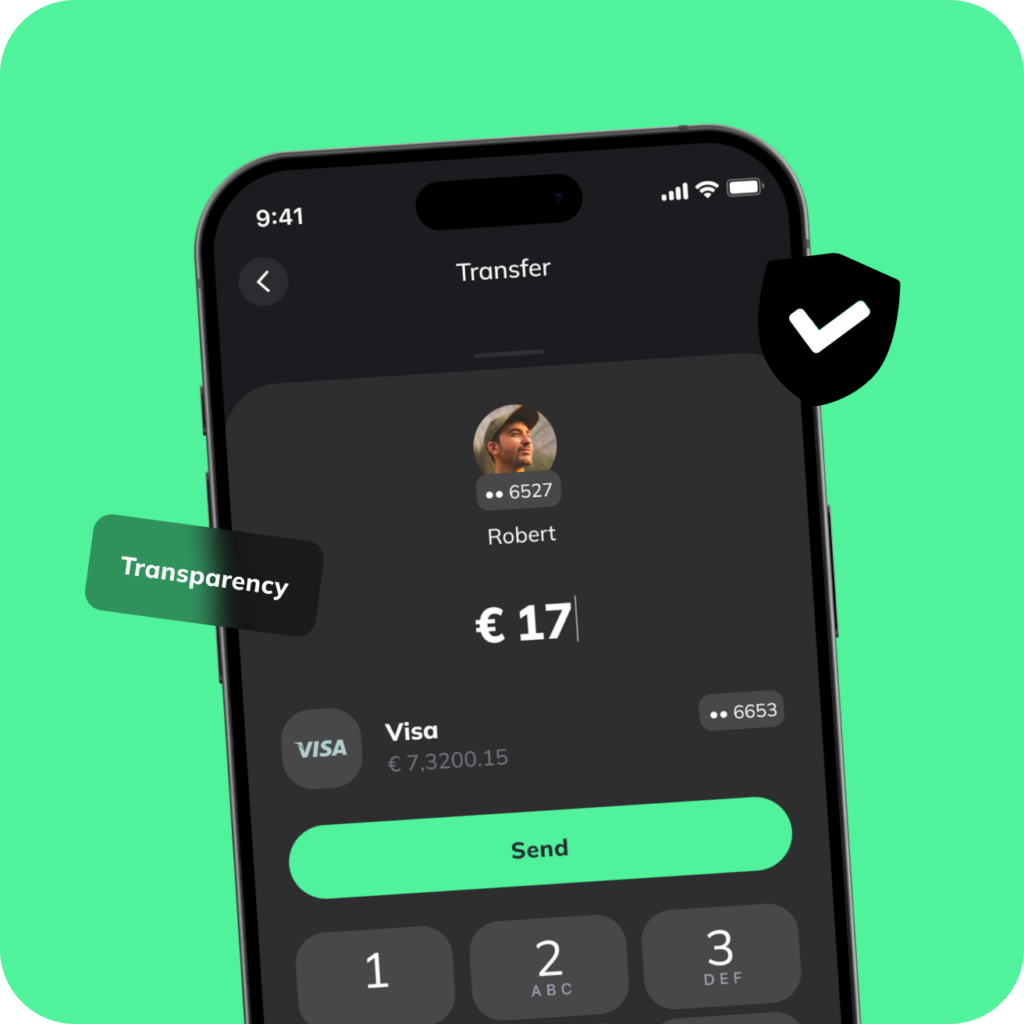 Smartphone-Bildschirm zeigt Überweisung an Robert mit Betrag 17 Euro und Visa-Karte