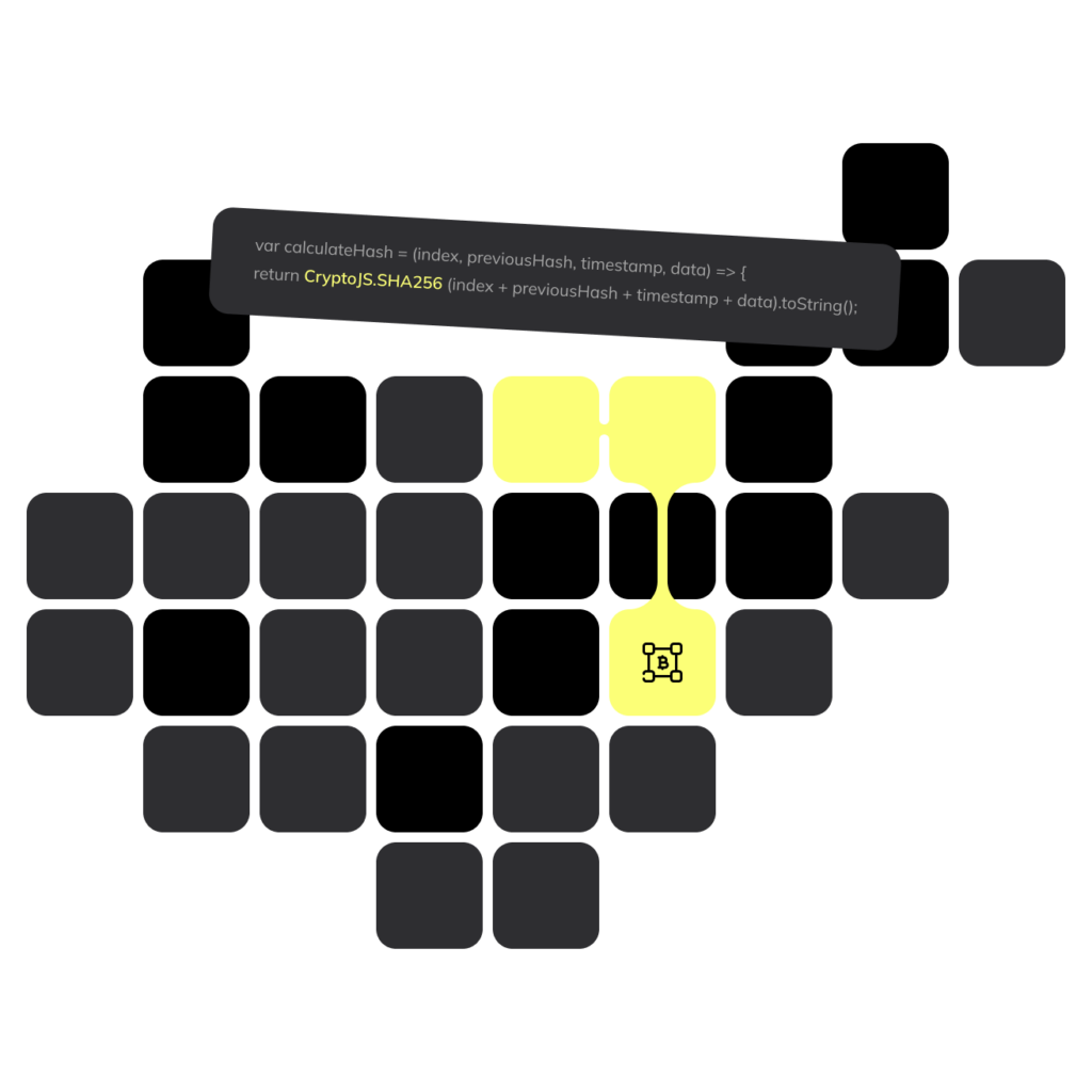 Grafik zeigt Codeausschnitt zur Hash-Berechnung und verbundene gelbe und schwarze Quadrate als Blockchain-Symbolik