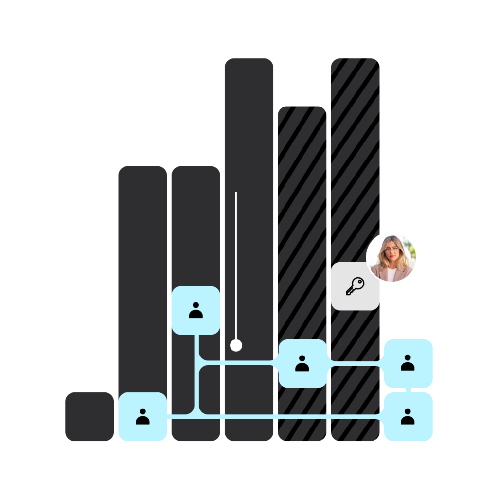 Säulendiagramm mit vernetzten blauen Symbolen und einem Foto einer Frau, Schlüssel-Icon über schwarzer Hintergrund