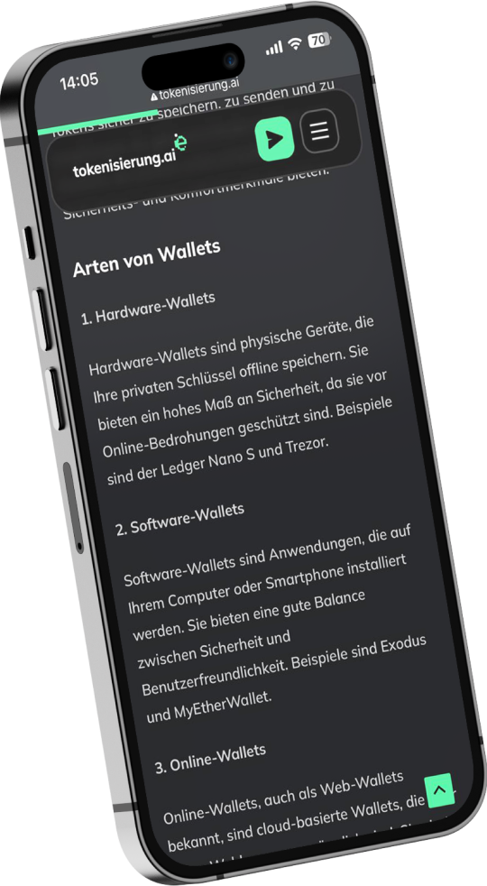Smartphone zeigt Webseite mit deutschen Namen von Wallet-Arten: Hardware-Wallets, Software-Wallets, Online-Wallets