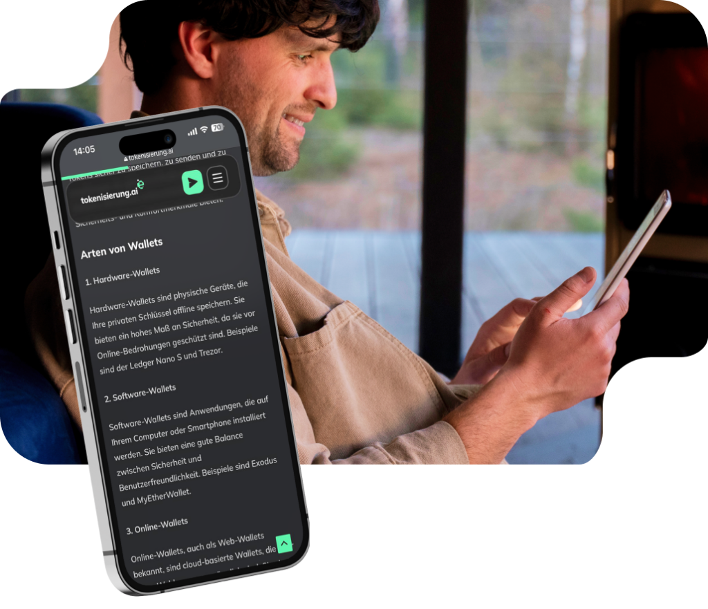 Mann liest auf Tablet, im Vordergrund Handy mit deutscher Webseite zu Wallet-Arten