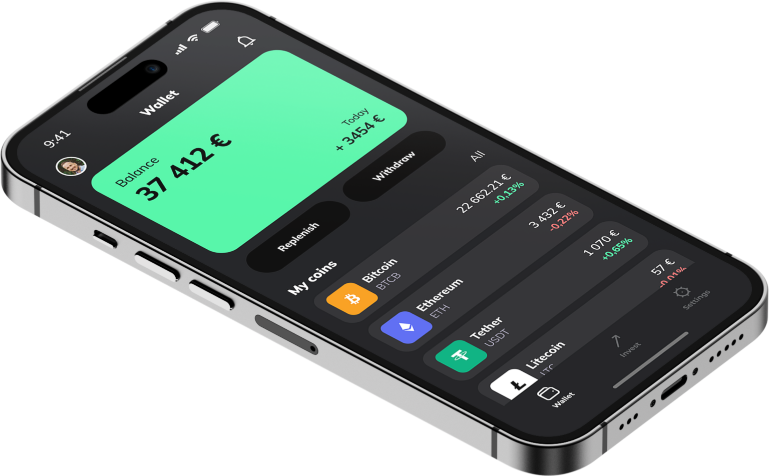 Smartphone zeigt Wallet-App mit Kontostand, Bitcoin, Ethereum, Tether und Litecoin in Euro
