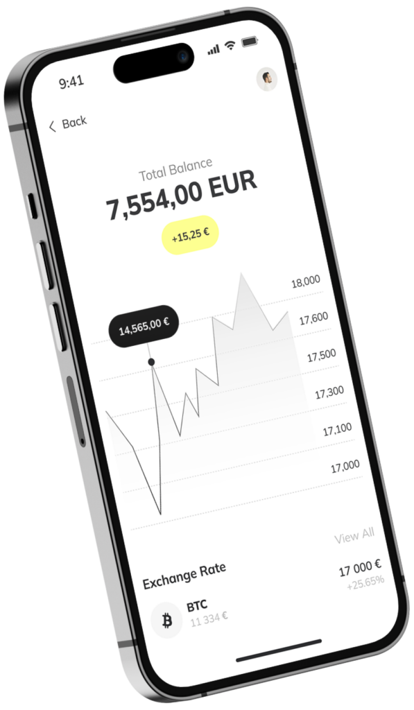 Smartphonebildschirm zeigt Kontostand von 7.554,00 EUR und Bitcoin-Wechselkursdiagramm