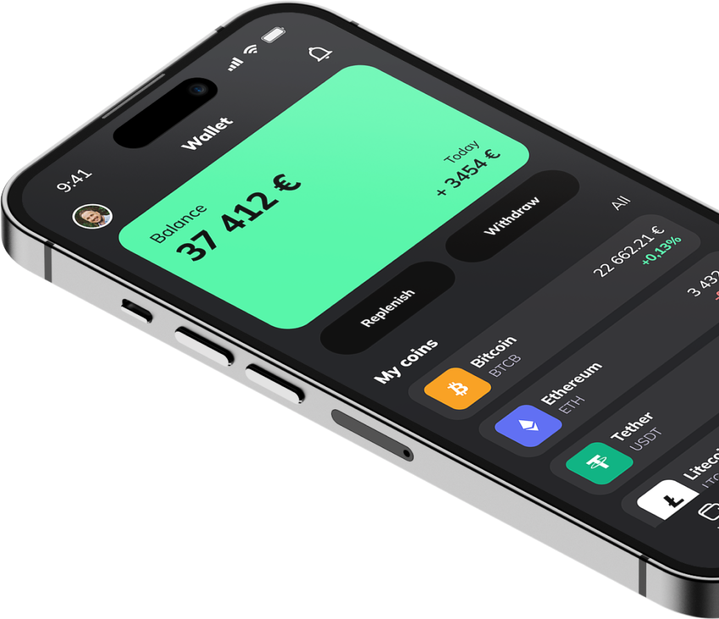 Smartphone zeigt Wallet-App mit Guthaben 37.412 €, Bitcoin, Ethereum, Tether und Litecoin Übersicht