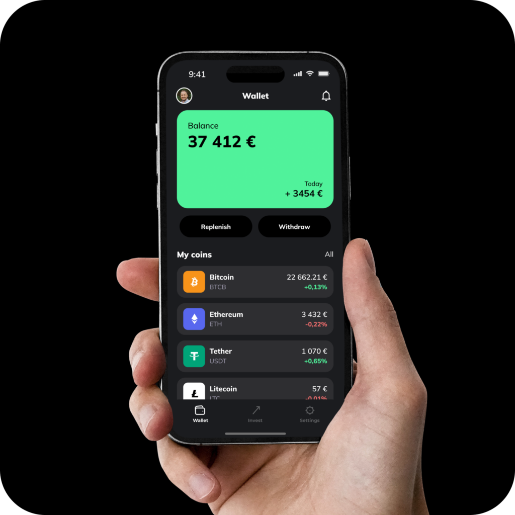 Hand hält Smartphone mit Kryptowährungs-Wallet-Anzeige: Bitcoin, Ethereum, Tether, Litecoin