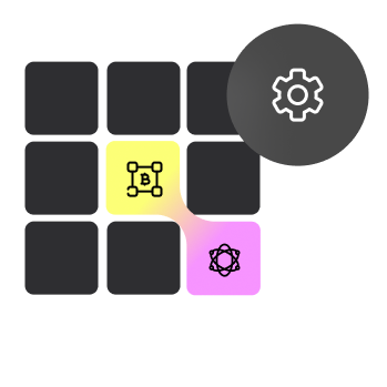 Verschiedene quadratische Symbole in einem Raster, darunter ein gelbes mit einem vernetzten B, ein pinkes mit einem Atommodell und ein graues mit einem Zahnrad