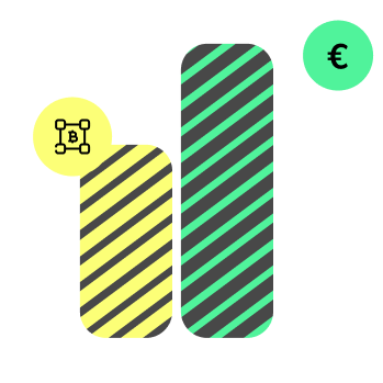 Zwei unterschiedlich hohe, schattierte Balken mit Bitcoin- und Euro-Symbolen in Kreisen