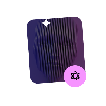 Abstraktes Gesicht hinter vertikalen Linien mit violettem Farbverlauf und Atom-Symbol