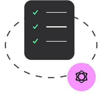 Liste mit drei grünen Häkchen und einem lila Kreis mit Atom-Symbol im Hintergrund