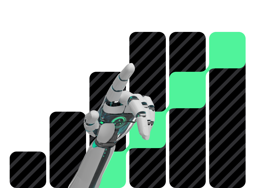 Roboterhand zeigt auf steigende grüne Balken vor schwarzem Hintergrund mit diagonalen Linien