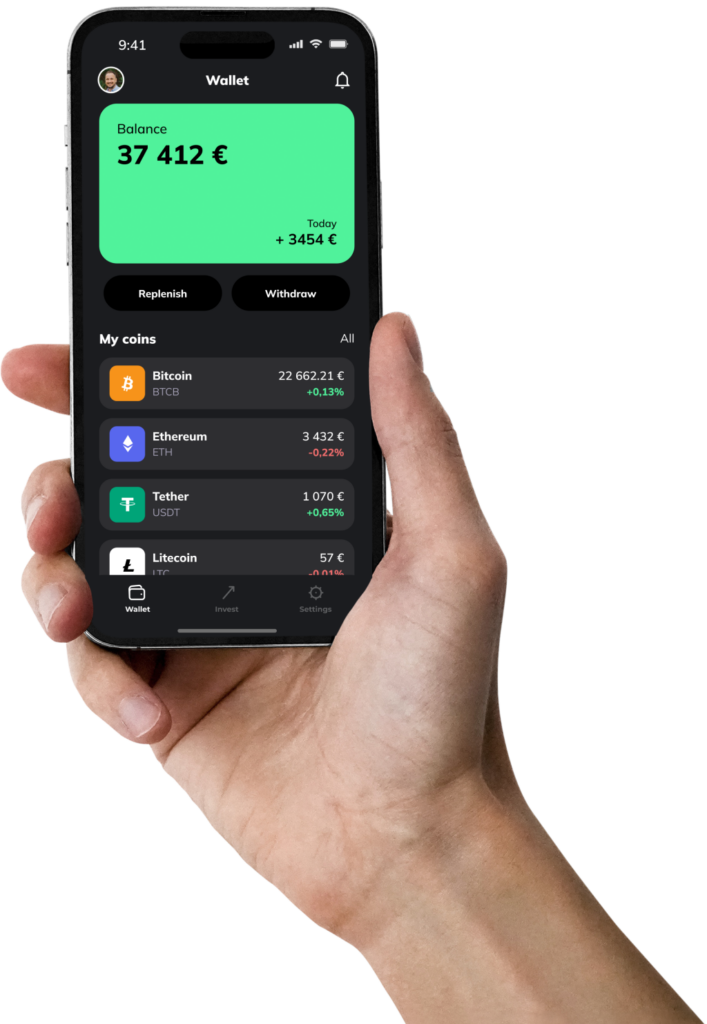 Hand hält Smartphone mit Wallet-App, zeigt Kontostand und Kryptowährungen Bitcoin, Ethereum, Tether, Litecoin