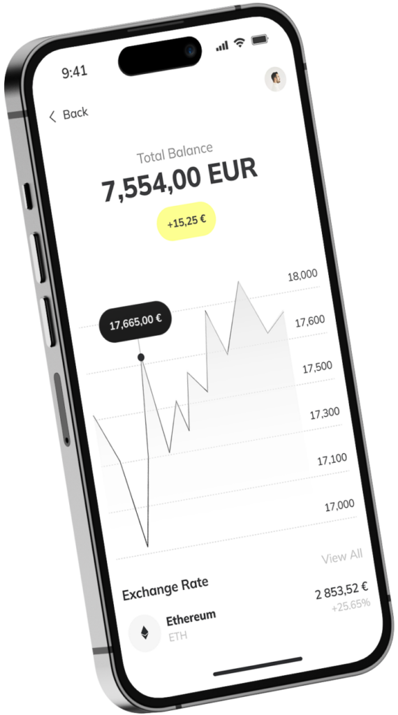 Smartphonebildschirm mit Finanz-App zeigt Gesamtguthaben 7.554 Euro und Ethereum-Wechselkurs