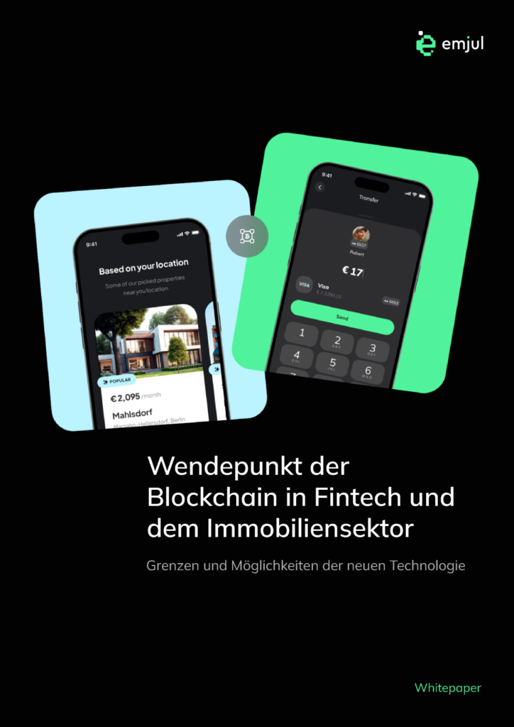 Zwei Smartphone-Bildschirme zeigen Immobilienangebote und Geldtransfer in der App, Titel über Blockchain in Fintech und Immobilien