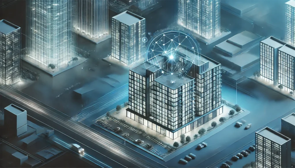 Digitalisierte Stadt mit vernetzten Gebäuden und Verkehr bei Nacht in futuristischem Stil