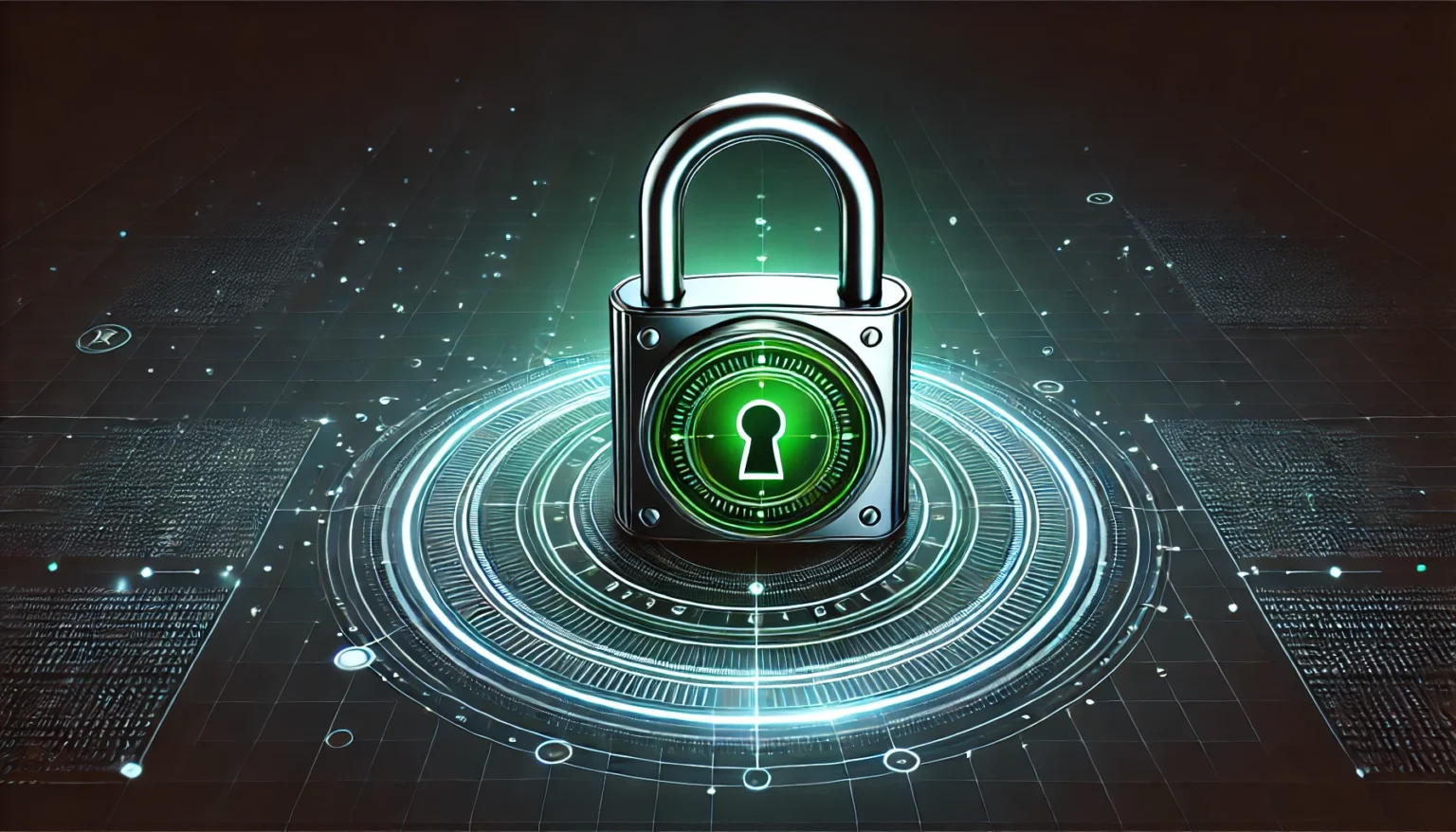 Digitales Vorhängeschloss mit grünem Schlüssel-Loch-Symbol, umgeben von leuchtenden, kreisförmigen Technologie-Elementen