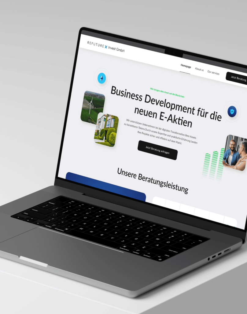 Laptop zeigt Webseite der Refuture X Invest GmbH mit Fokus auf Business Development für neue E-Aktien