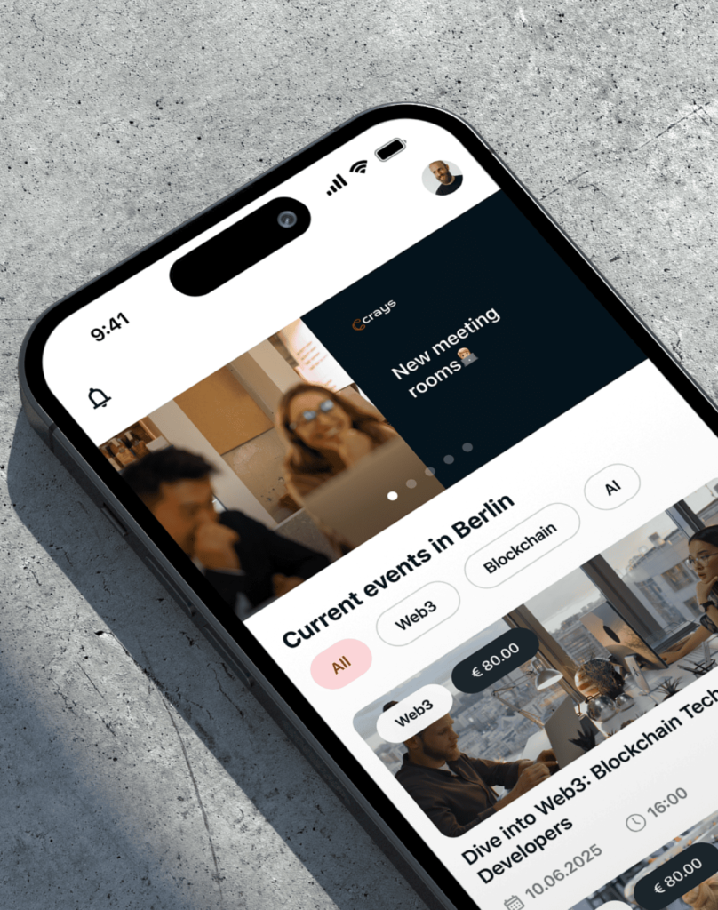 Smartphone mit Veranstaltungs-App zeigt aktuelle Events in Berlin zu Web3, Blockchain und KI