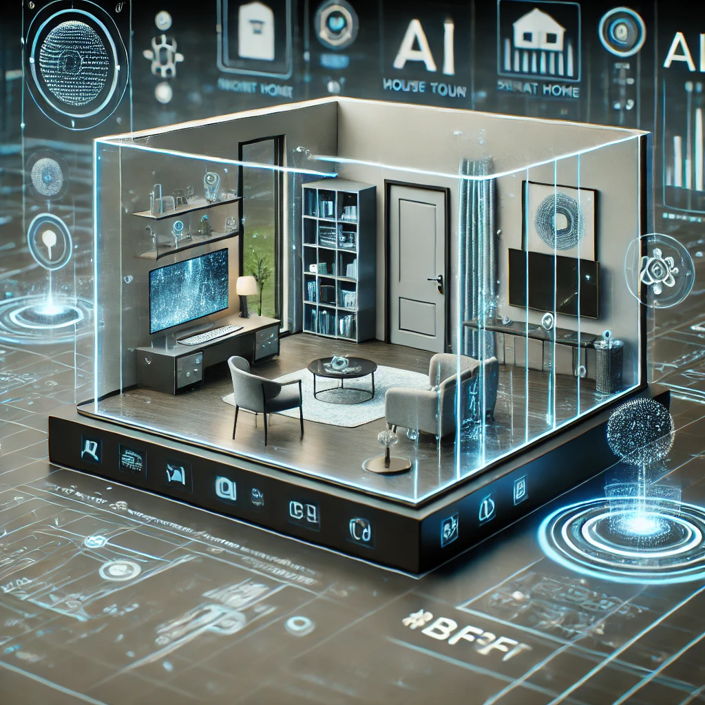 Digitales Smart-Home-Modell in moderner Wohnzimmerumgebung mit holografischen AI-Symbolen