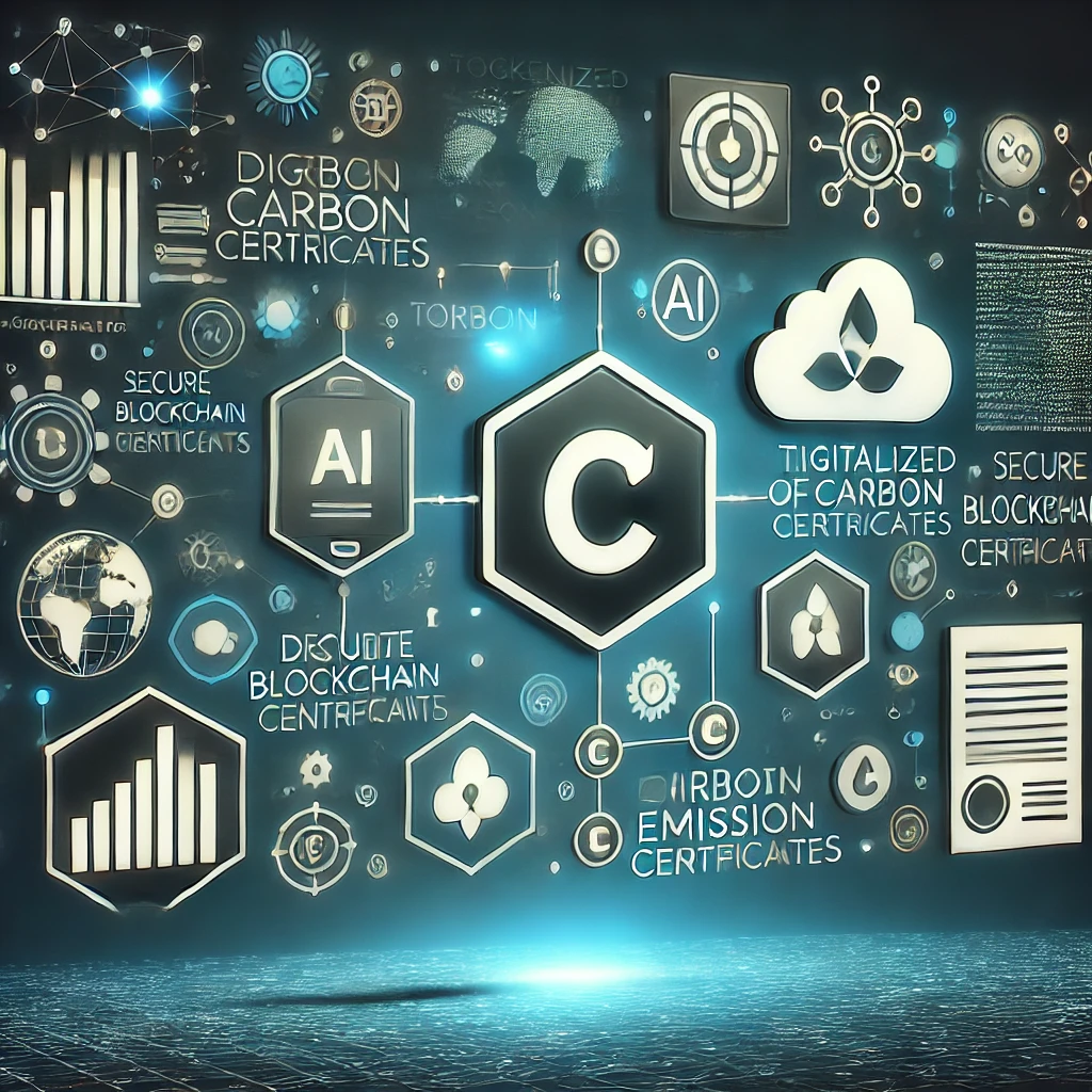 Digitale Infografik mit Symbolen und Texten zu digitalen Kohlenstoffzertifikaten, Blockchain und KI-Technologien, auf dunklem Hintergrund mit blauem Leuchten.