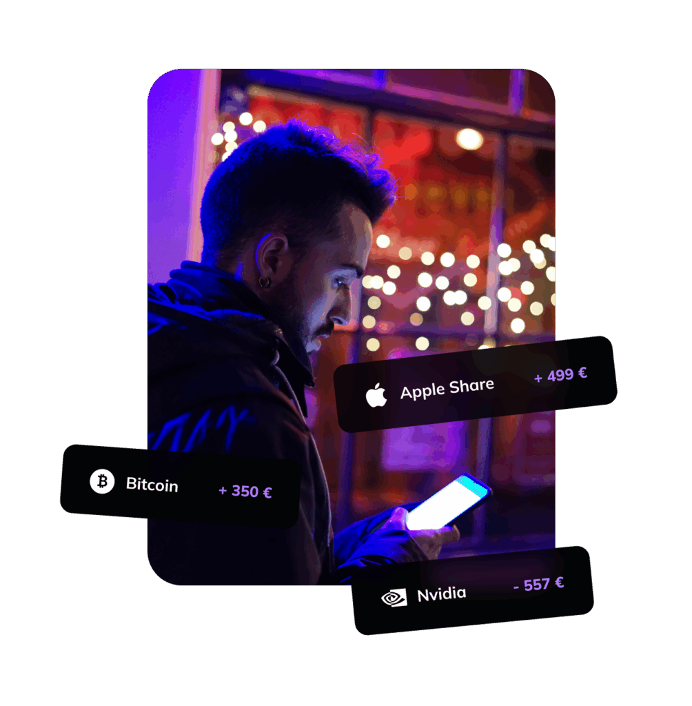 Ein Mann betrachtet Finanzdaten auf seinem Smartphone bei Nacht – eingeblendet sind Kurse von Bitcoin, Apple-Aktien und Nvidia.