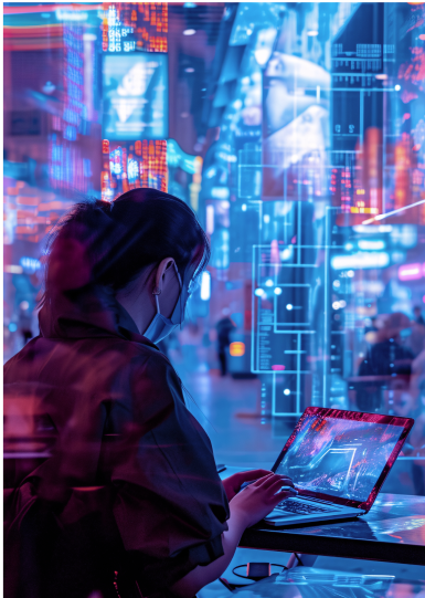 Frau analysiert Daten auf einem Tablet in einer futuristischen Stadt