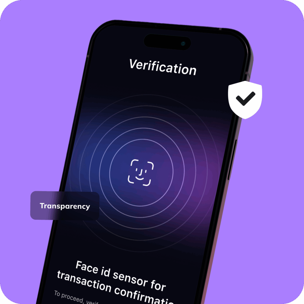 Smartphone mit Face-ID-Verifizierung zur Transaktionsbestätigung, Symbol für Sicherheit und Transparenz.