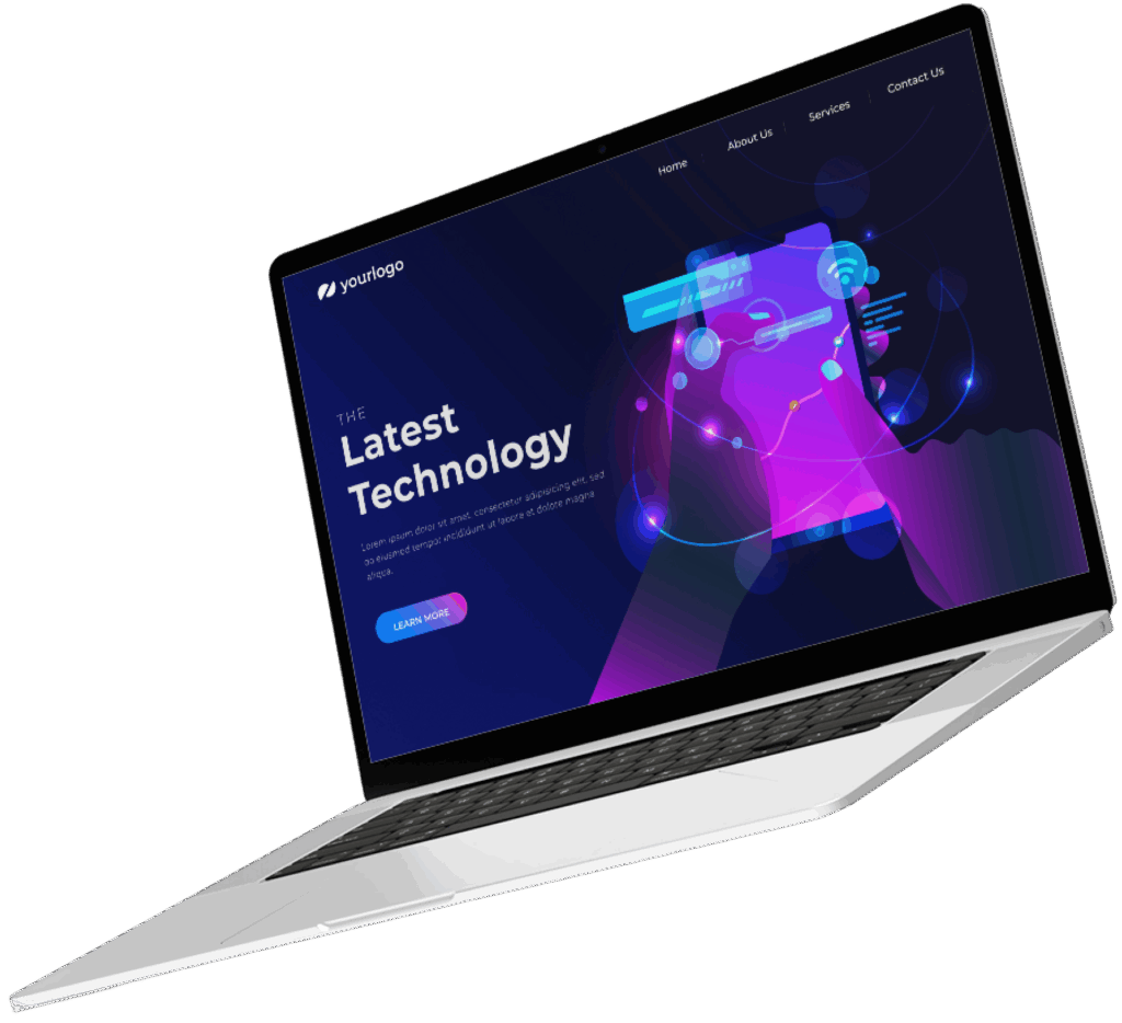 Aufgeklappter Laptop mit geöffneter Website, die eine Hand zeigt, die auf einem digitalen Tablet oder Smartphone mit hellen, neonfarbenen, technologiebezogenen Grafiken interagiert, darunter Netzwerksymbole und Diagramme, auf dunkelblauem Hintergrund mit Text "The Latest Technology" und Navigation mit Home, About Us, Services, Contact Us.