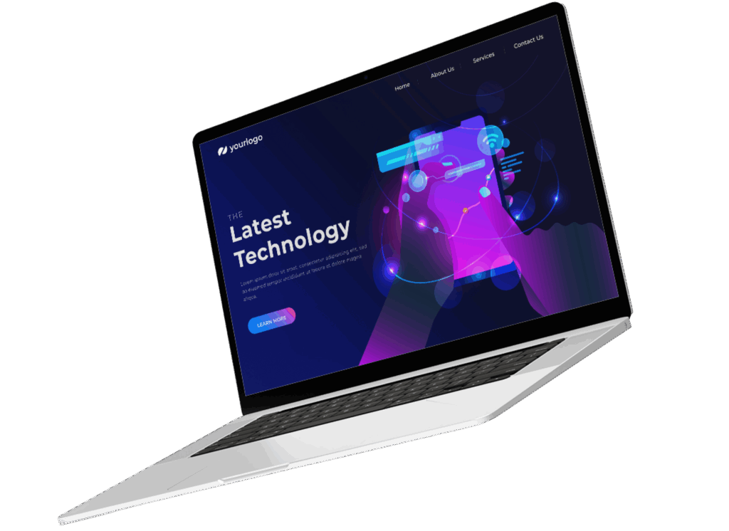 Silberner Laptop mit geöffneter Webseite, die eine Hand zeigt, die ein Smartphone mit leuchtenden, holografischen Interface-Elementen bedient, auf blauem Hintergrund mit Text »Latest Technology« und Navigationselementen oben rechts.