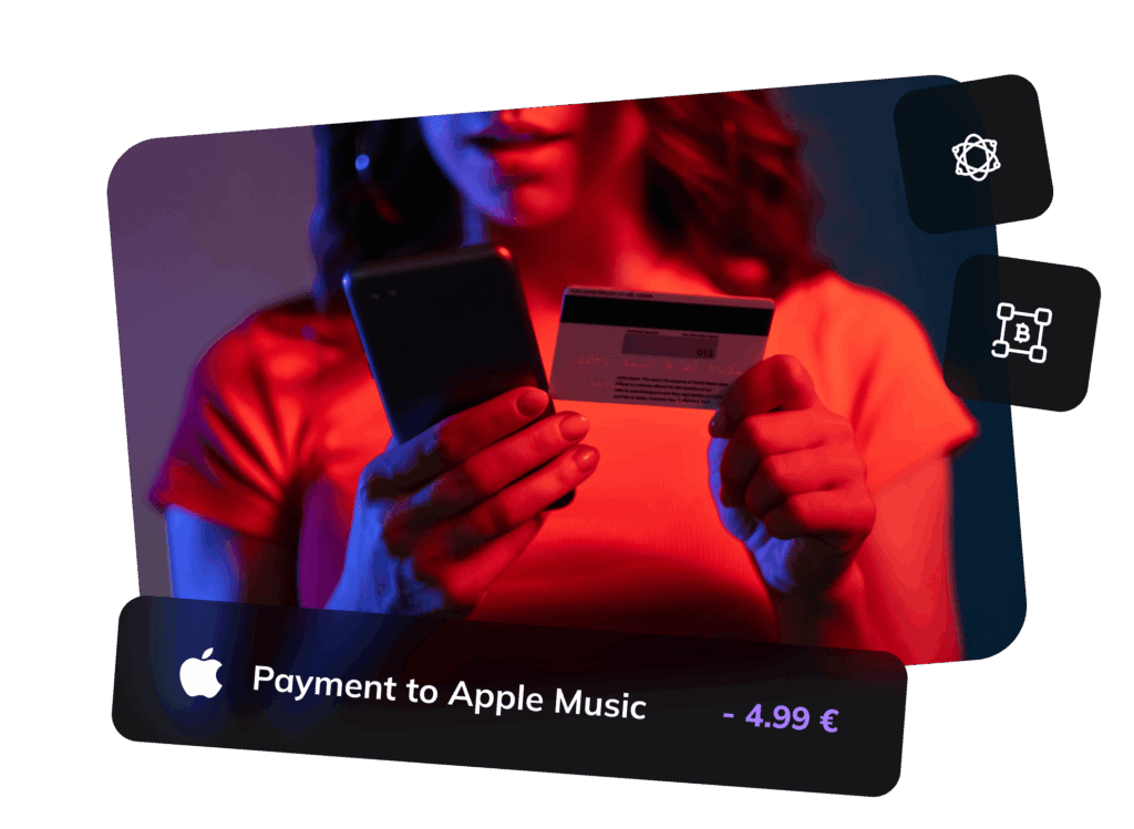 Frau mit roten Lichtakzenten hält eine Kreditkarte in der rechten Hand und ein Smartphone in der linken Hand, im Vordergrund ein Textfeld mit Apple-Logo und Hinweis auf eine Zahlung an Apple Music in Höhe von 4,99 Euro.