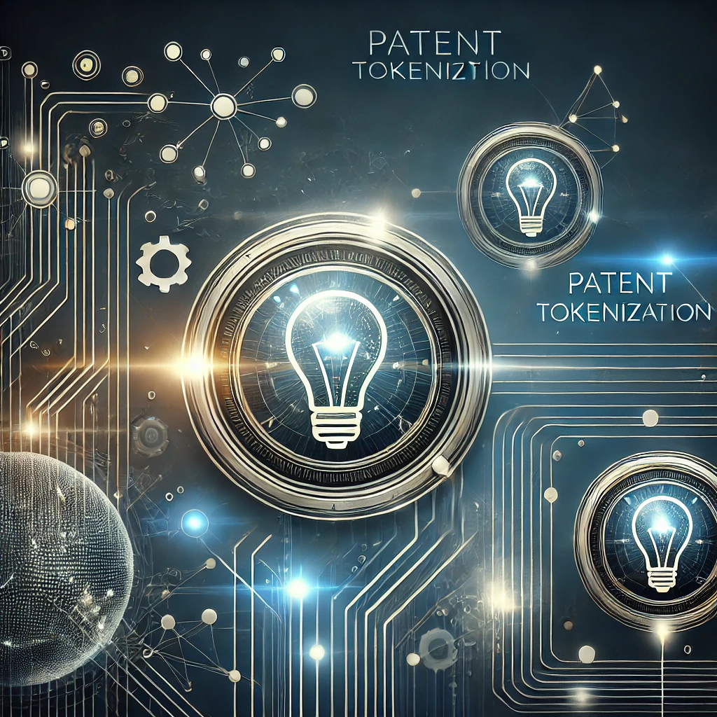 Illustration der Tokenisierung von Patenten Digitale Token auf einer Blockchain, die ein Patent repräsentieren.